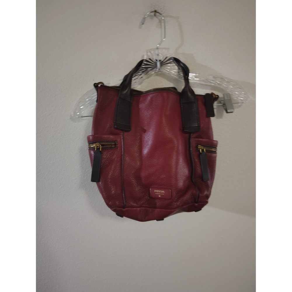 Fossil Burgundy Red Pebbled Leather Satchel Bag Brown Trim‎ Gold Hardware